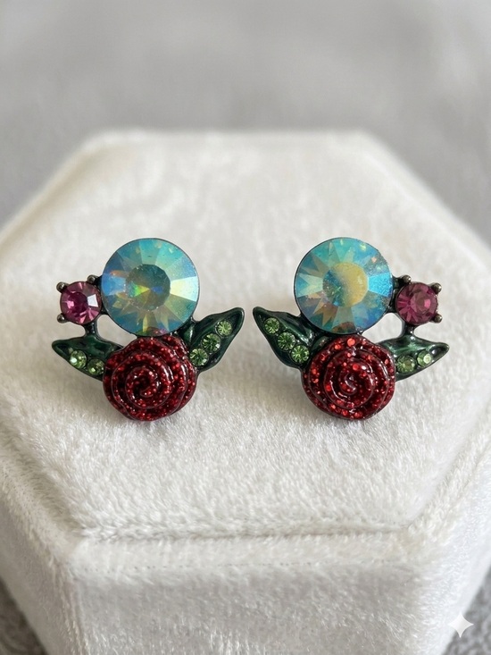 Betsey Johnson Jewelry - Betsey Johnson Iridescent Blue-Green Floral Stud Earrings with Red Accents